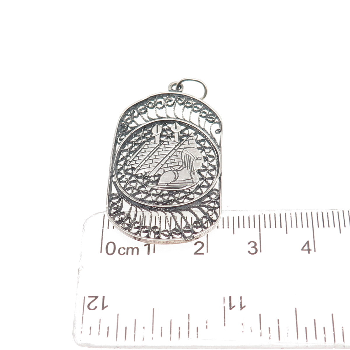 925 Sterling Silver Vintage Egyptian Pyramid Filigree Oxidized Pendant