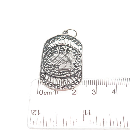 925 Sterling Silver Vintage Egyptian Pyramid Filigree Oxidized Pendant
