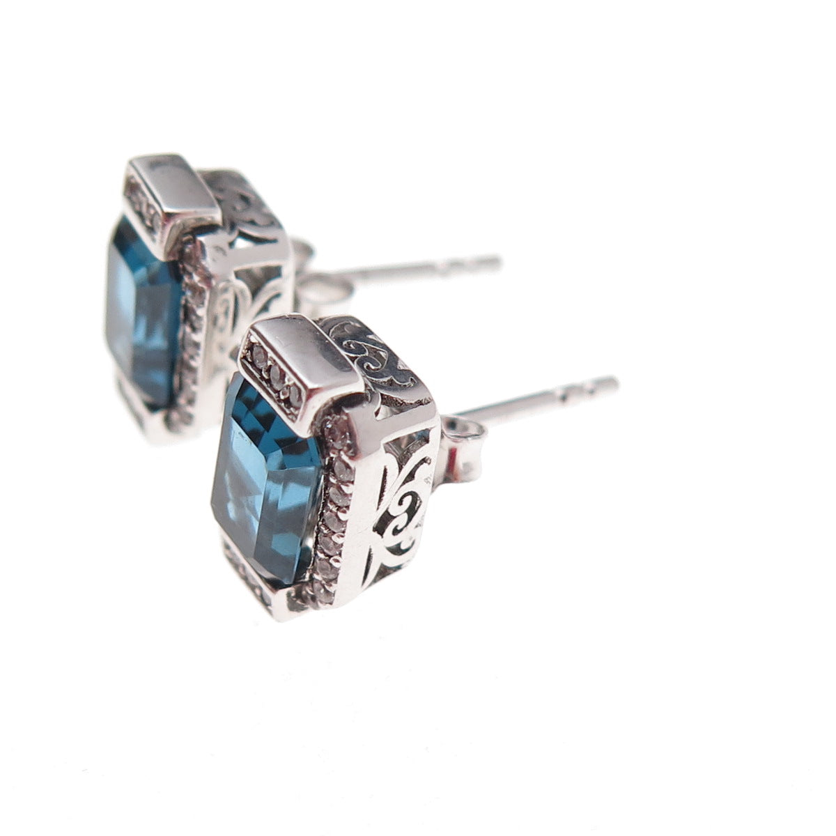 Han 925 Sterling Silver Emerald-Cut Blue & Round-Cut White C Z Stud Earrings