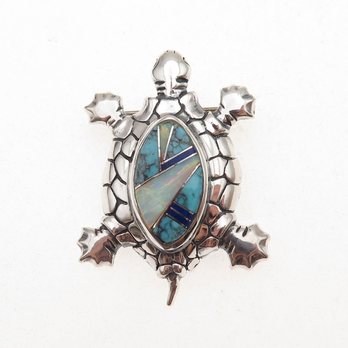 Old Pawn Sterling Silver Vintage Turquoise Lapis Opal Turtle Pin Brooch Pendant