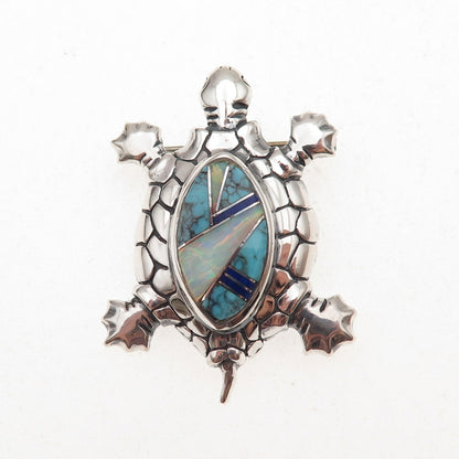 Old Pawn Sterling Silver Vintage Turquoise Lapis Opal Turtle Pin Brooch Pendant