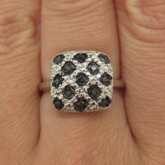 925 Sterling Silver Real Round-Cut Black Diamond Lattice Pattern Ring Size 8