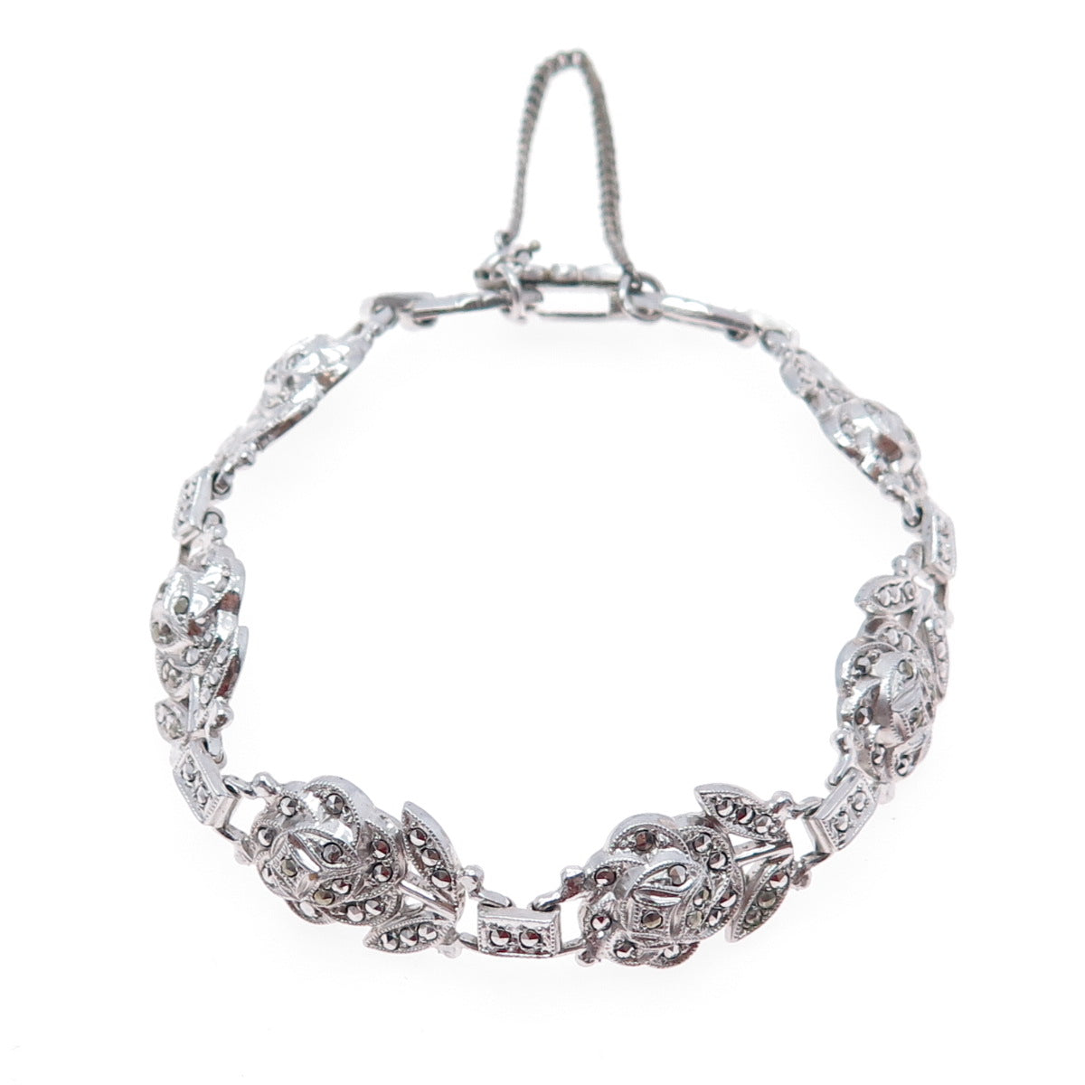 925 Sterling Silver Antique Real Marcasite Rose Bracelet 7" (missing 1 stone)