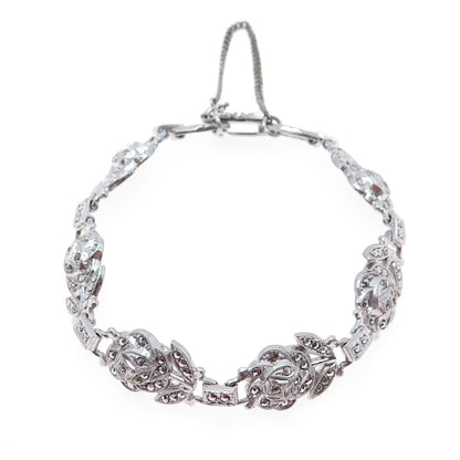 925 Sterling Silver Antique Real Marcasite Rose Bracelet 7" (missing 1 stone)