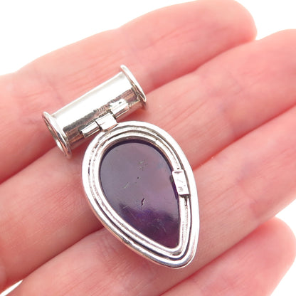 925 Sterling Silver Vintage Real Amethyst Modernist Oxidized Slide Pendant
