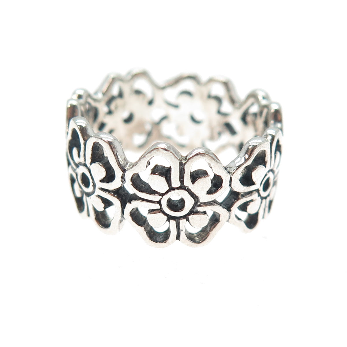 925 Sterling Silver Vintage Flower Blossom Oxidized Band Ring Size 8.25