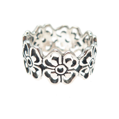 925 Sterling Silver Vintage Flower Blossom Oxidized Band Ring Size 8.25