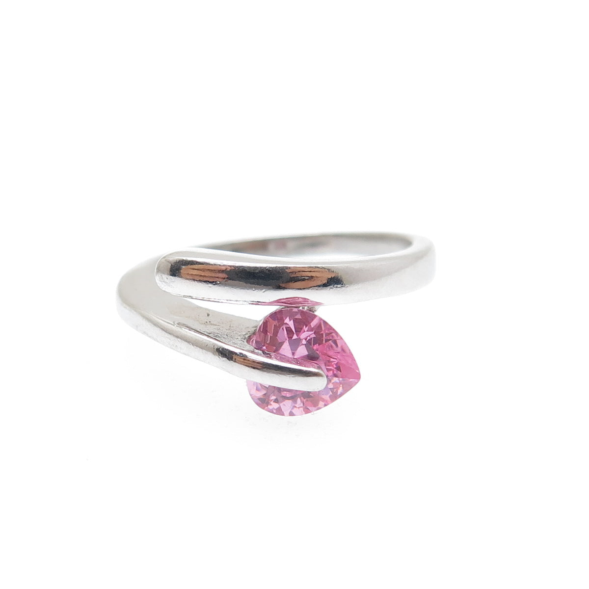 925 Sterling Silver Vintage Heart-Cut Pink C Z Spiral Ring Size 5
