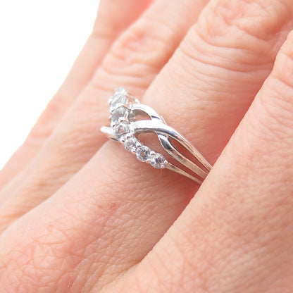 925 Sterling Silver Real Round-Cut White Topaz Crisscross Ring Size 7