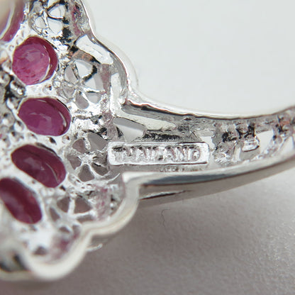 925 Sterling Silver Real Oval-Cut Ruby Flower Ring Size 6