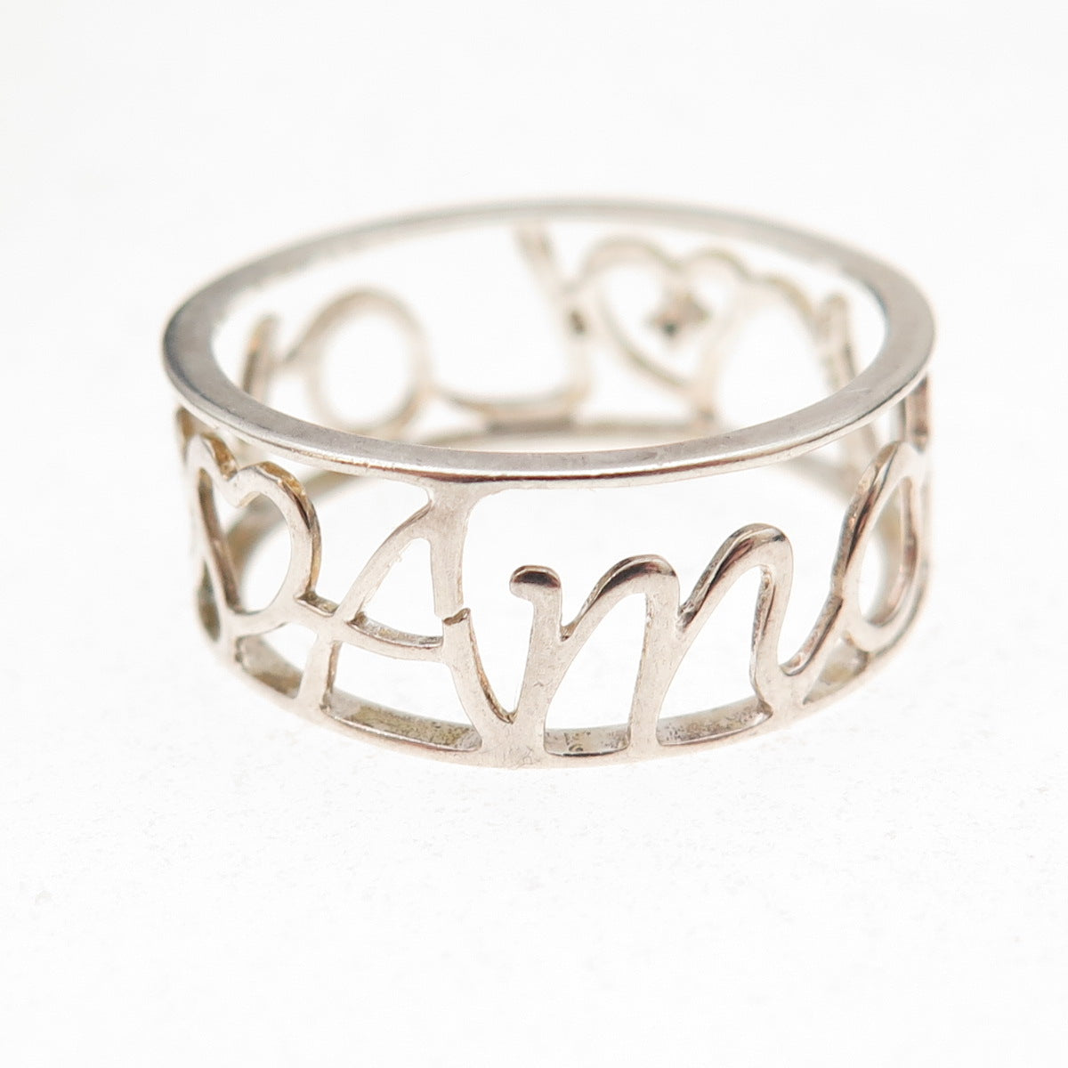 925 Sterling Silver Real Diamond Love / Amour Heart Band Ring Size 8