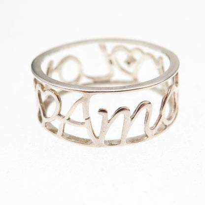 925 Sterling Silver Real Diamond Love / Amour Heart Band Ring Size 8