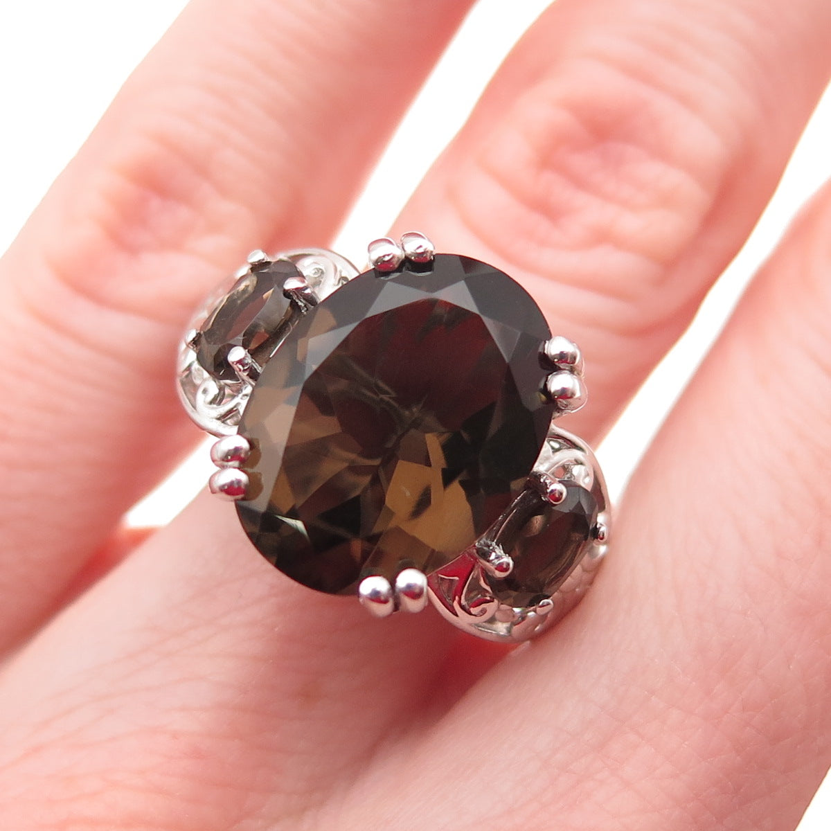 D'Joy 925 Sterling Silver Real Oval-Cut Smoky Quartz Ring Size 6