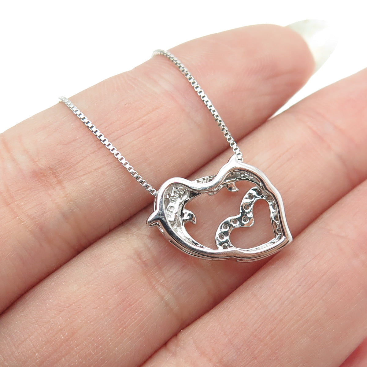 SUN 925 Sterling Silver 2-Tone Real Diamond Dolphin Heart Box Chain Necklace 18"