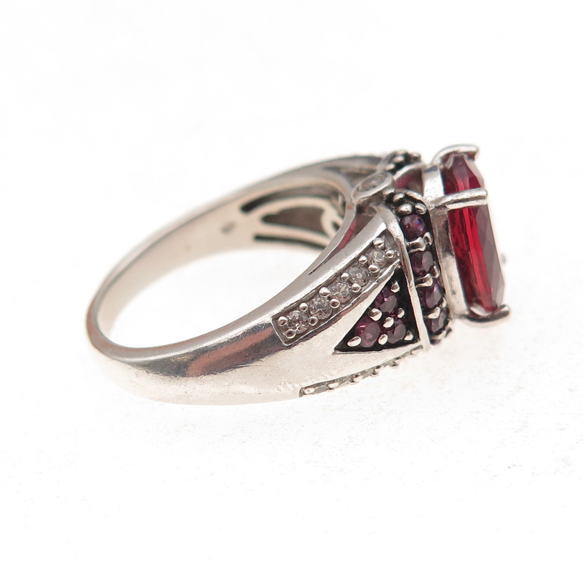 925 Sterling Silver Lab-Created Ruby Real White Topaz & Amethyst Ring Size 6