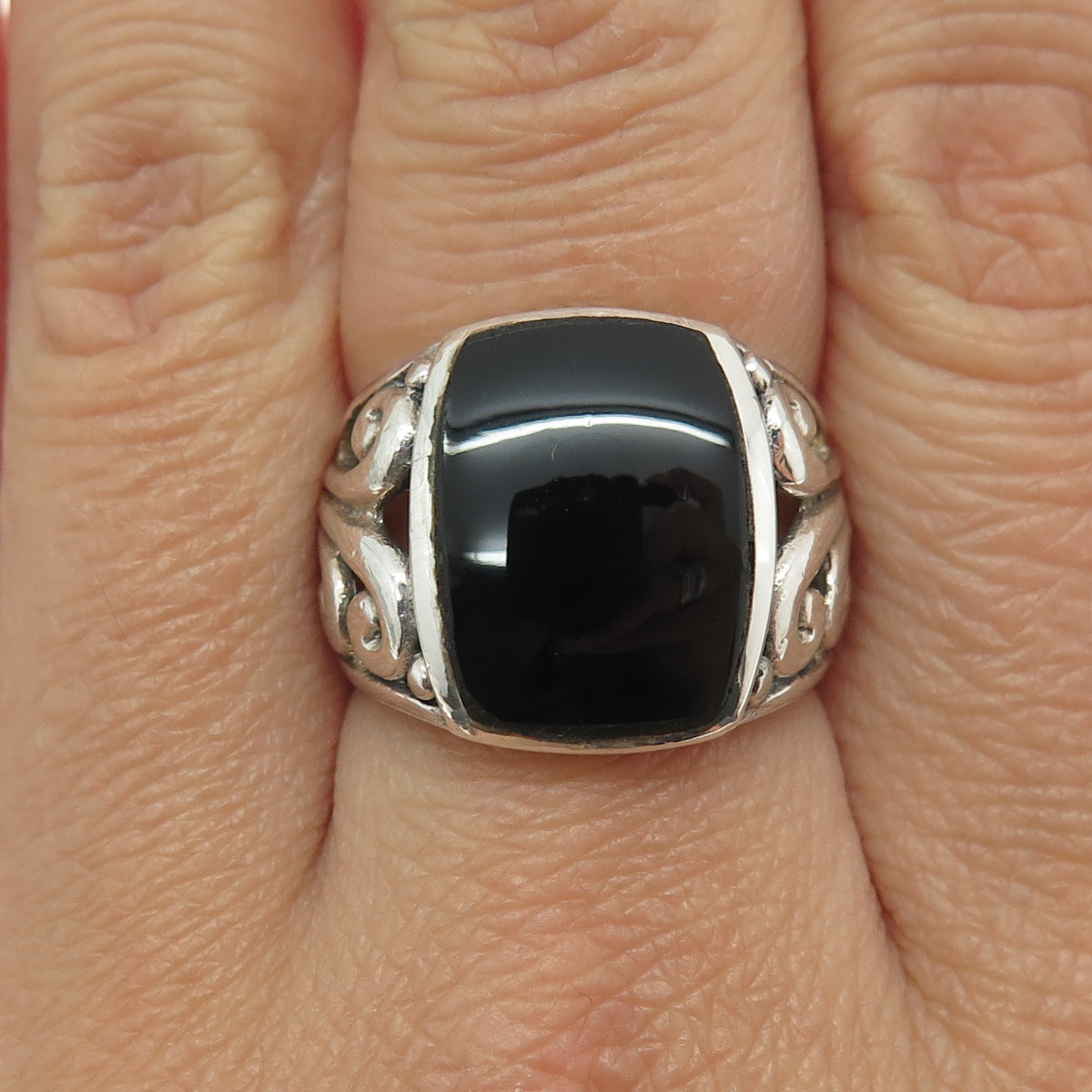 925 Sterling Silver Vintage Real Black Onyx Swirl Ring Size 6.75