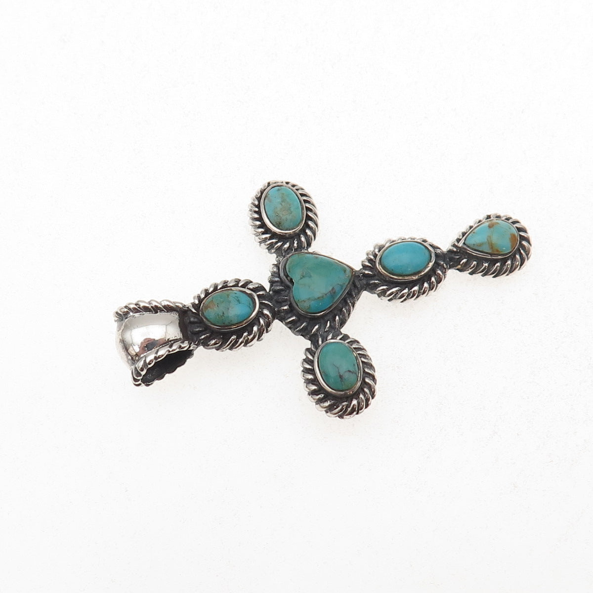 925 Sterling Silver Vintage Real Turquoise Heart Cross Oxidized Charm Pendant