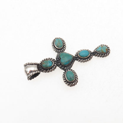 925 Sterling Silver Vintage Real Turquoise Heart Cross Oxidized Charm Pendant