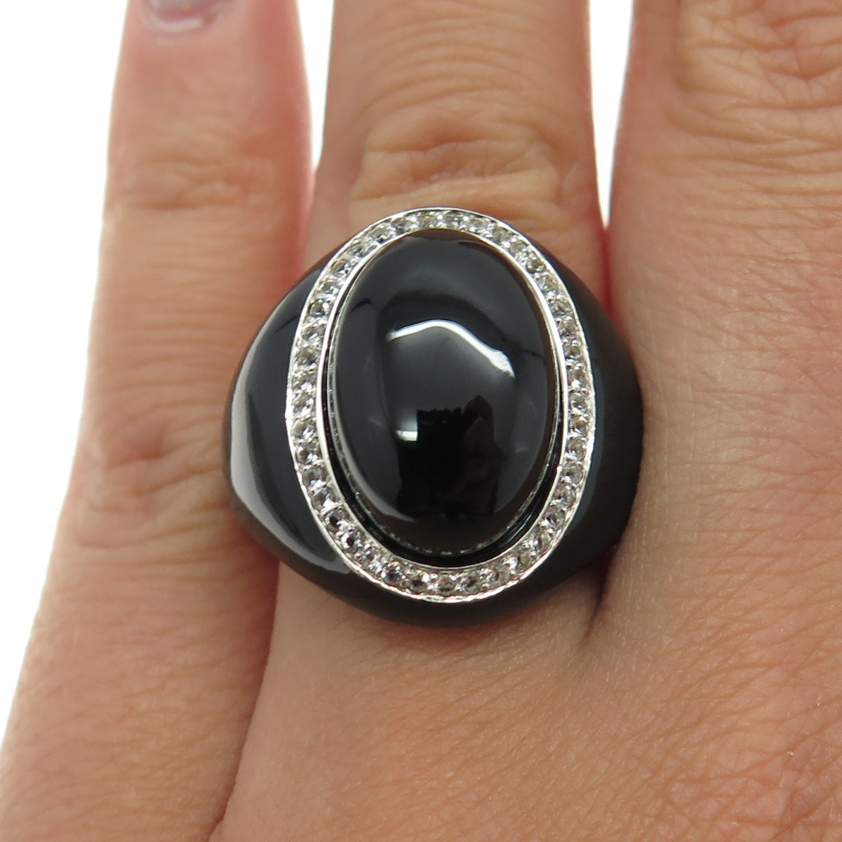 925 Sterling Silver Enamel Real Black Onyx & White Topaz Ring Size 7.25