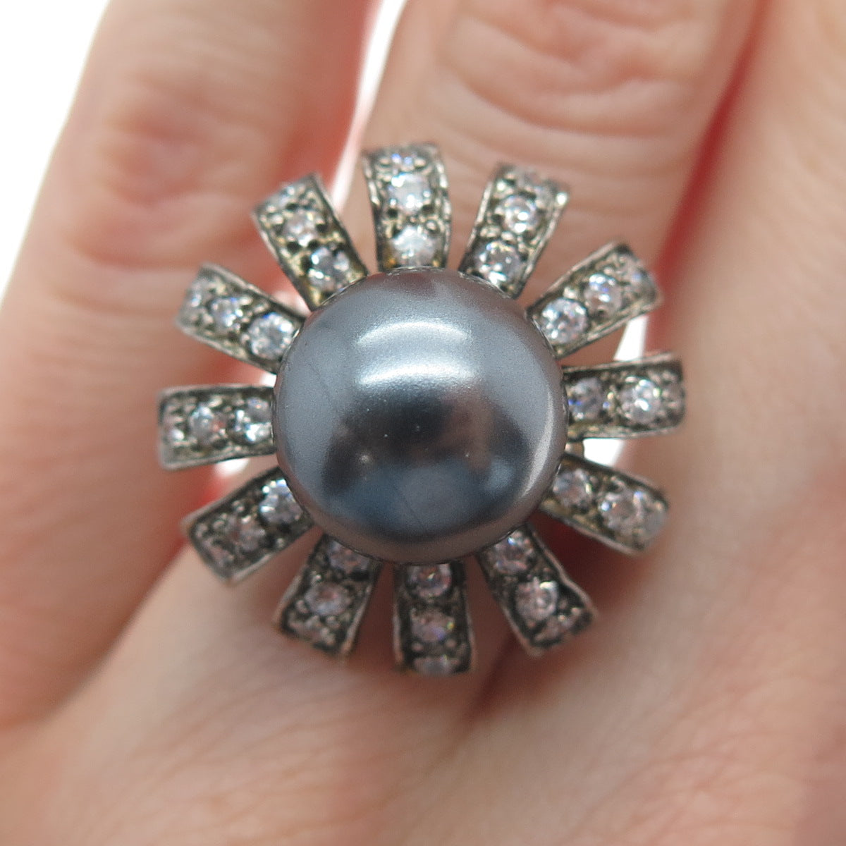 DBJ DEE BERKLE 925 Sterling Silver Vintage Faux Pearl & C Z Flower Ring Size 5.5