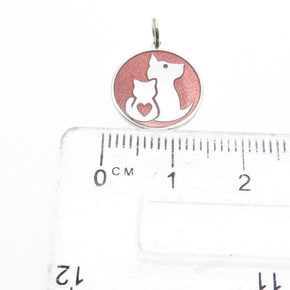 925 Sterling Silver Rose Enamel Cat & Dog Friendship Minimalist Charm Pendant
