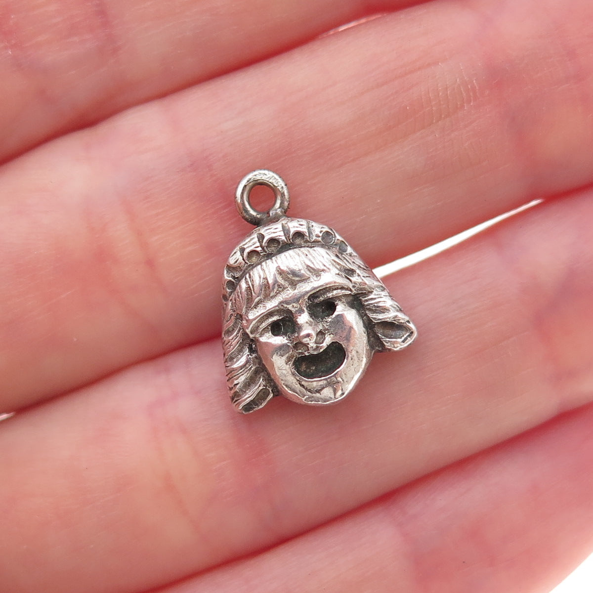 925 Sterling Silver Antique Art Deco Greek Tragedy Mask Oxidized Charm Pendant