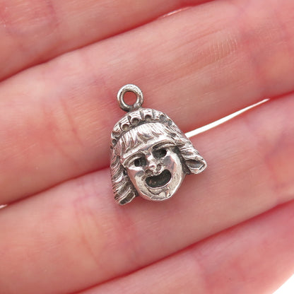 925 Sterling Silver Antique Art Deco Greek Tragedy Mask Oxidized Charm Pendant