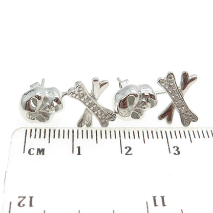 925 Sterling Silver Round-Cut C Z Stud Skull & Jacket Bones Charm Earrings