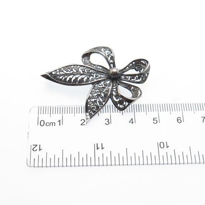 935 Silver Vintage Filigree Ribbon Bow Oxidized Pin Brooch