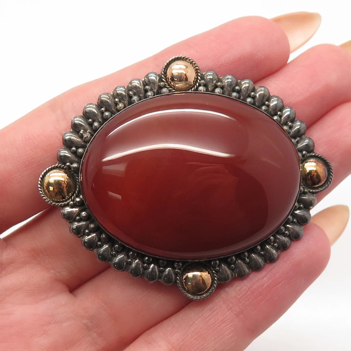 925 Sterling Silver Vintage Real Agate Gemstone Beaded Pin Brooch / Pendant