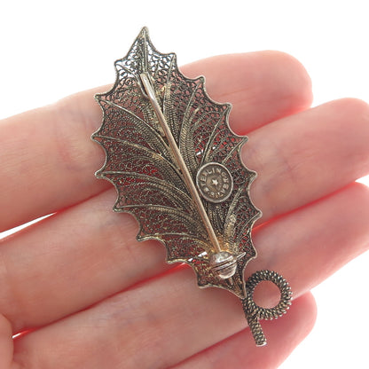 925 Sterling Silver Gold Plated Vintage Filigree Leaf Pin Brooch