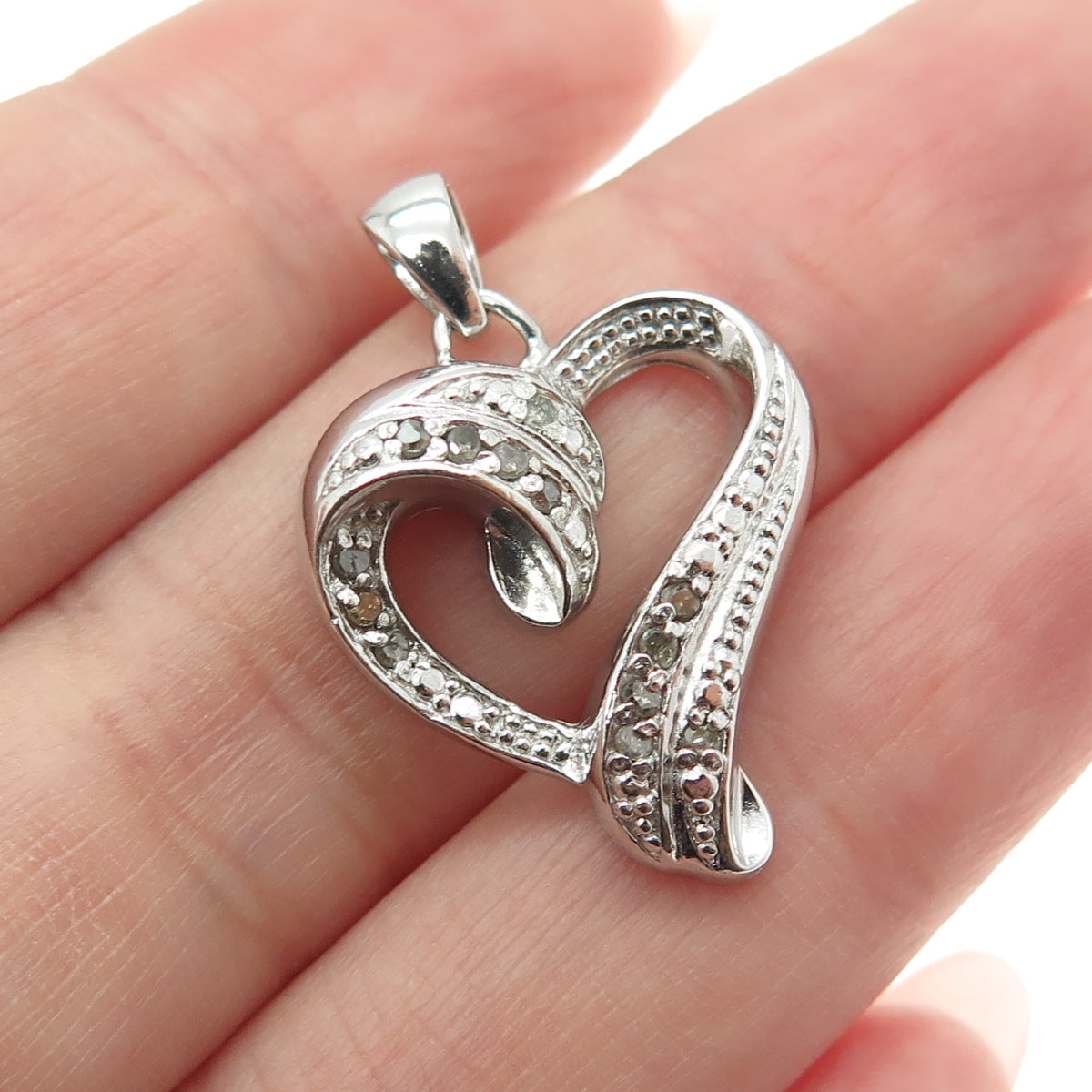 925 Sterling Silver Real Round-Cut Diamond Twisted Heart Pendant