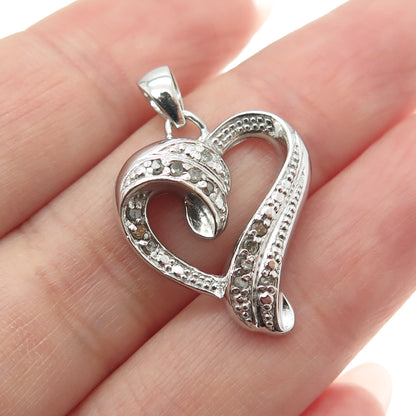 925 Sterling Silver Real Round-Cut Diamond Twisted Heart Pendant