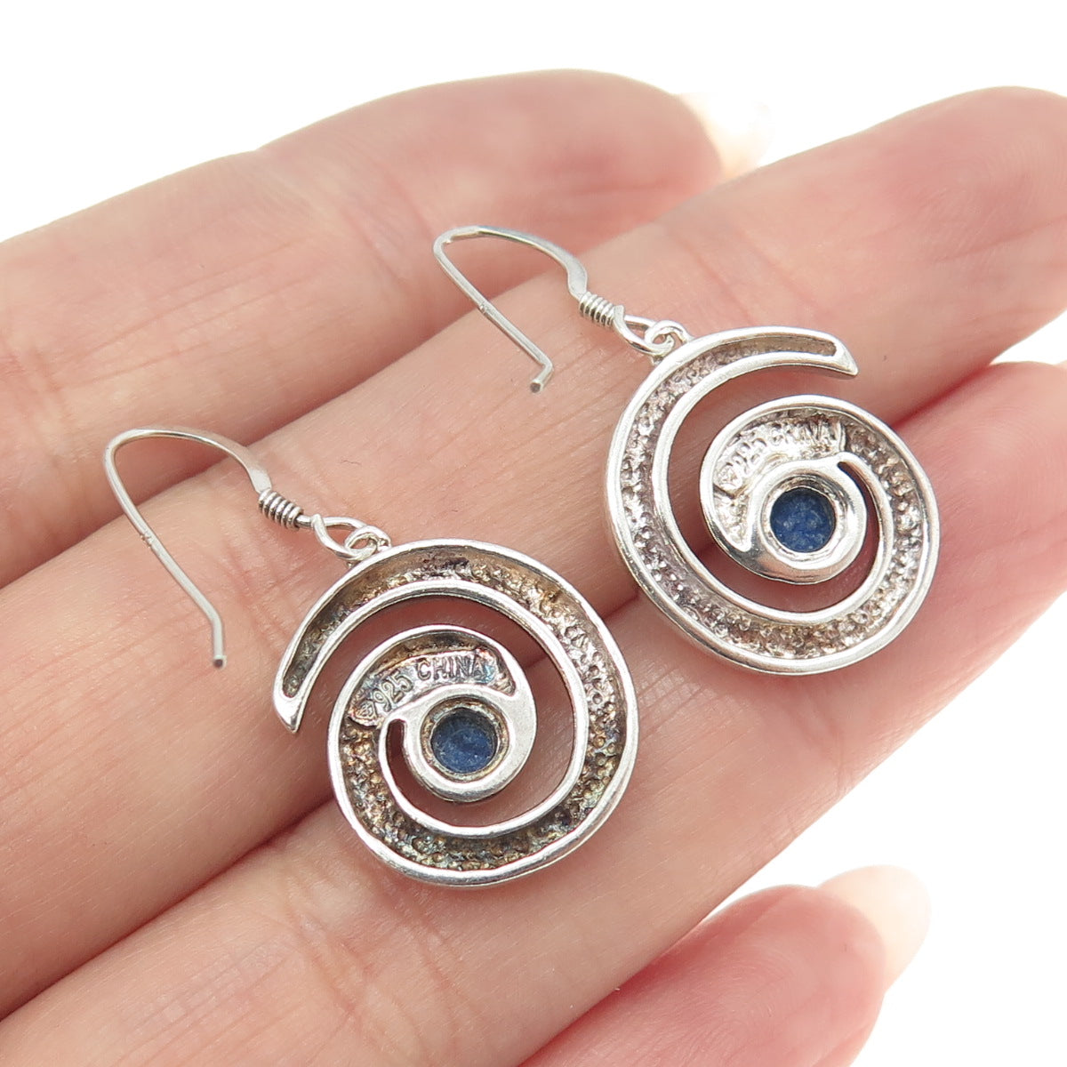 925 Sterling Silver Vintage Real Lapis Lazuli Gemstone Spiral Dangle Earrings