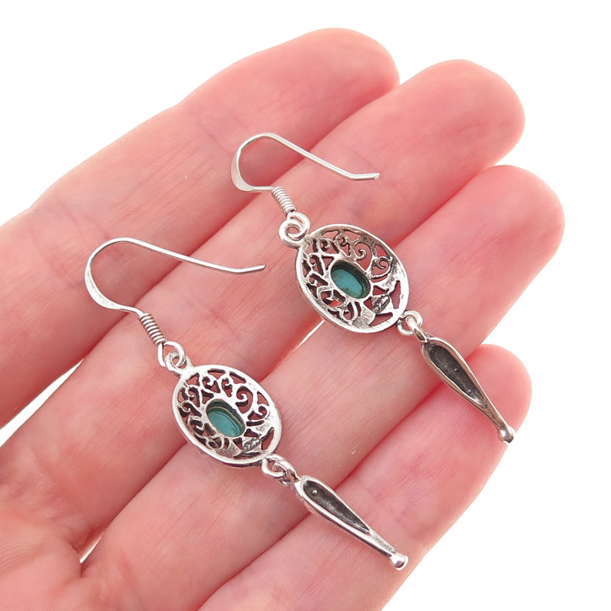925 Sterling Silver Vintage Real Turquoise Floral Oxidized Dangle Earrings