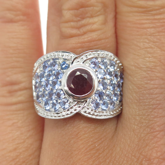 925 Sterling Silver Real Ruby & Tanzanite Gemstone Ring Size 6.75