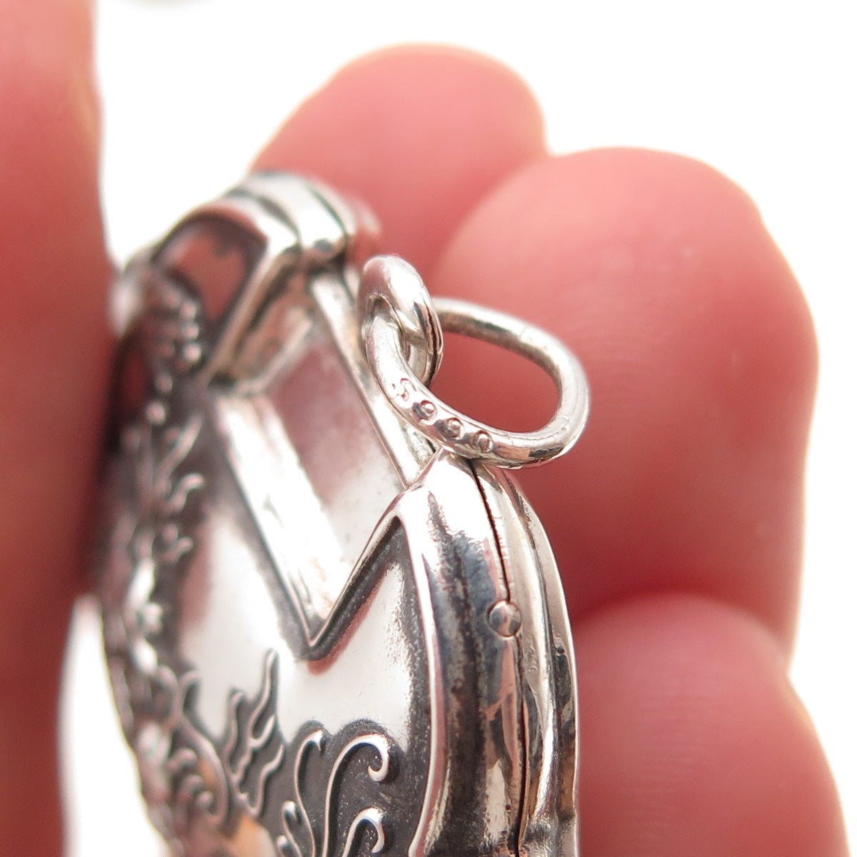 990 Silver Antique Chinese Dragon Longevity Lock Chatelaine Pendant
