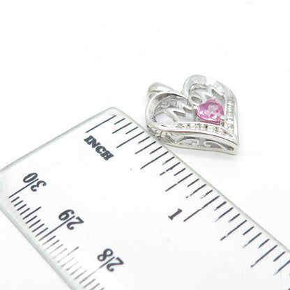 SUN 925 Sterling Silver Real Round Diamond & Pink Sapphire "MOM" Heart Pendant