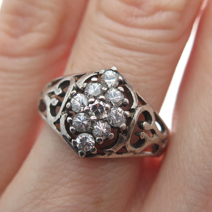 925 Sterling Silver Round-Cut Shaped C Z Ornate Oxidized Ring Size 6