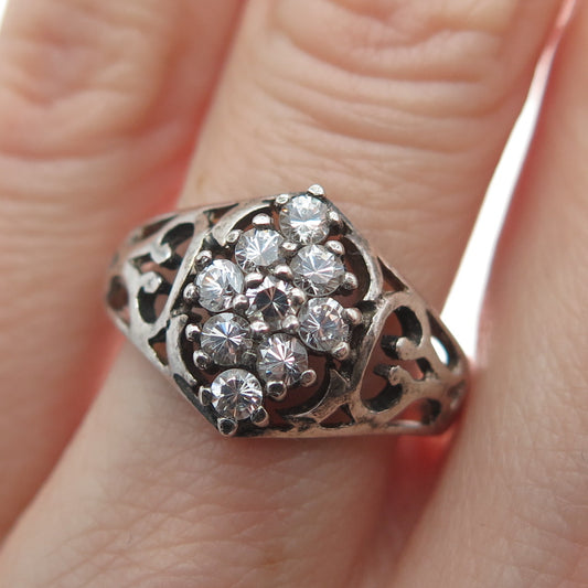 925 Sterling Silver Round-Cut Shaped C Z Ornate Oxidized Ring Size 6