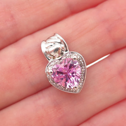 925 Sterling Silver Real Diamond & Pink Topaz Heart Slide Charm Pendant