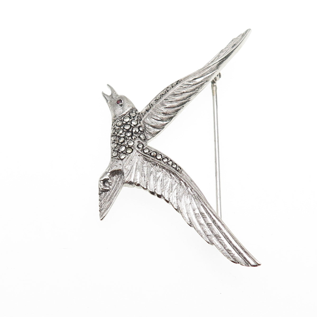 925 Sterling Silver Antique Art Deco Real Garnet & Marcasite Seagull Pin Brooch