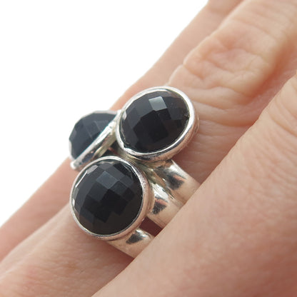 925 Sterling Silver Vintage Real Checkered Black Spinel Gem 3-Row Ring Size 7