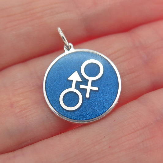925 Sterling Silver Blue Enamel Male & Female Symbol Minimalist Charm Pendant