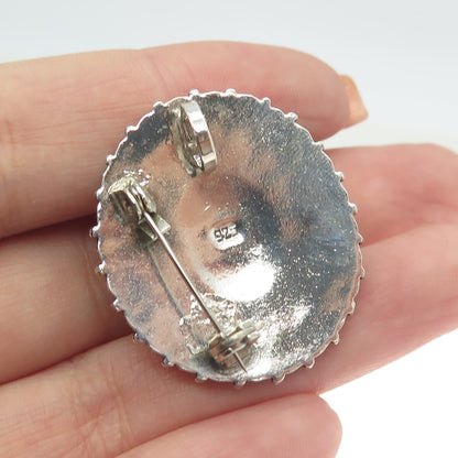 925 Sterling Silver Vintage Real Jade Gemstone Ethnic Pin Brooch / Pendant