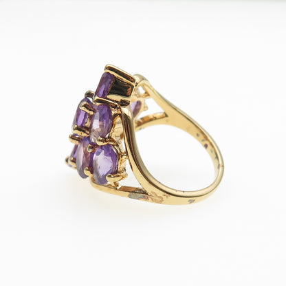 925 Sterling Silver Gold Plated Real Oval-Cut Amethyst Cluster Ring Size 7.25