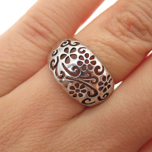 925 Sterling Silver Vintage Modernist Floral Dome Oxidized Ring Size 6