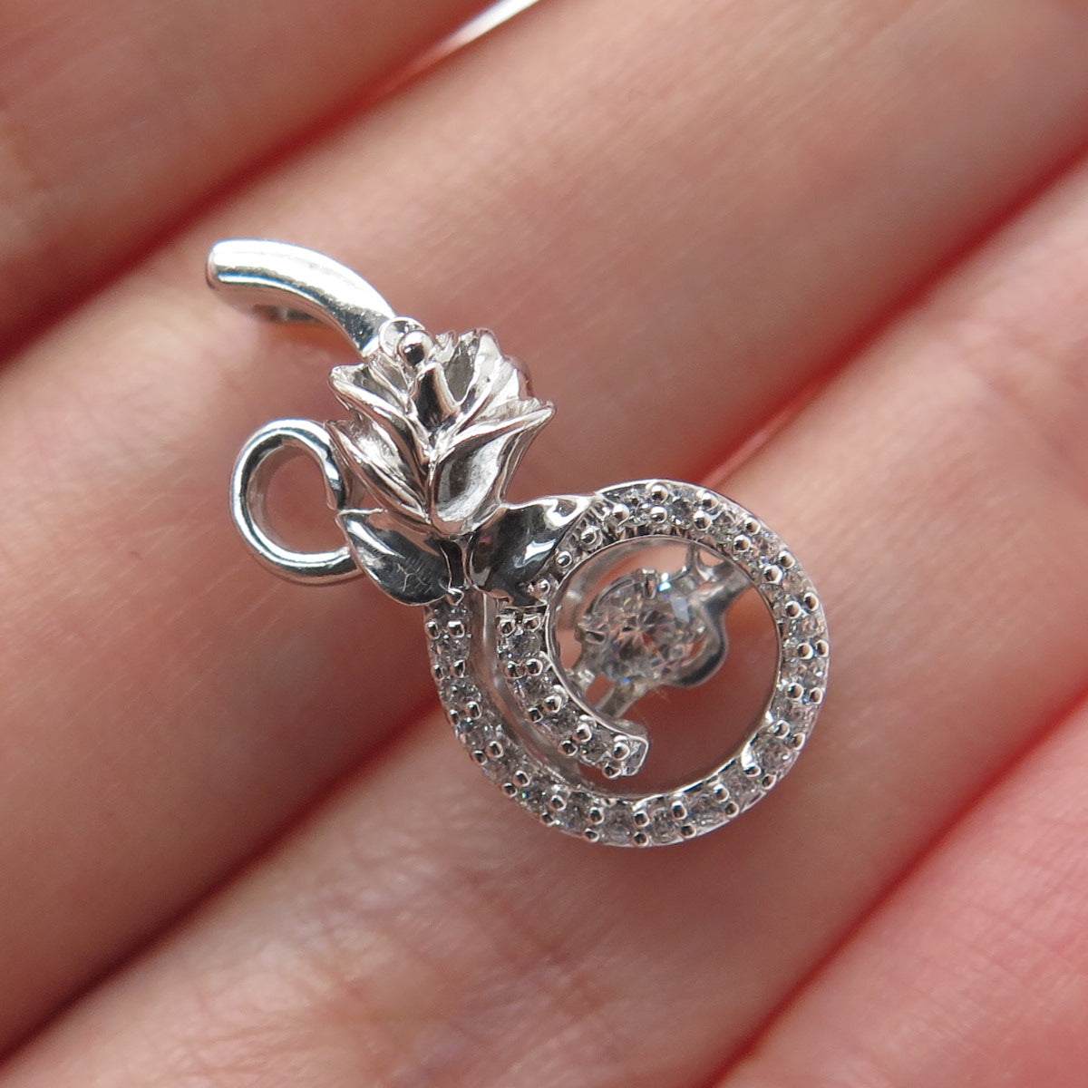925 Sterling Silver Round-Cut C Z Rose Flower Minimalist Charm Slide Pendant