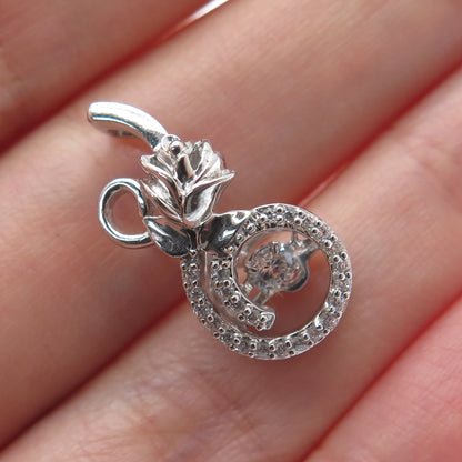 925 Sterling Silver Round-Cut C Z Rose Flower Minimalist Charm Slide Pendant