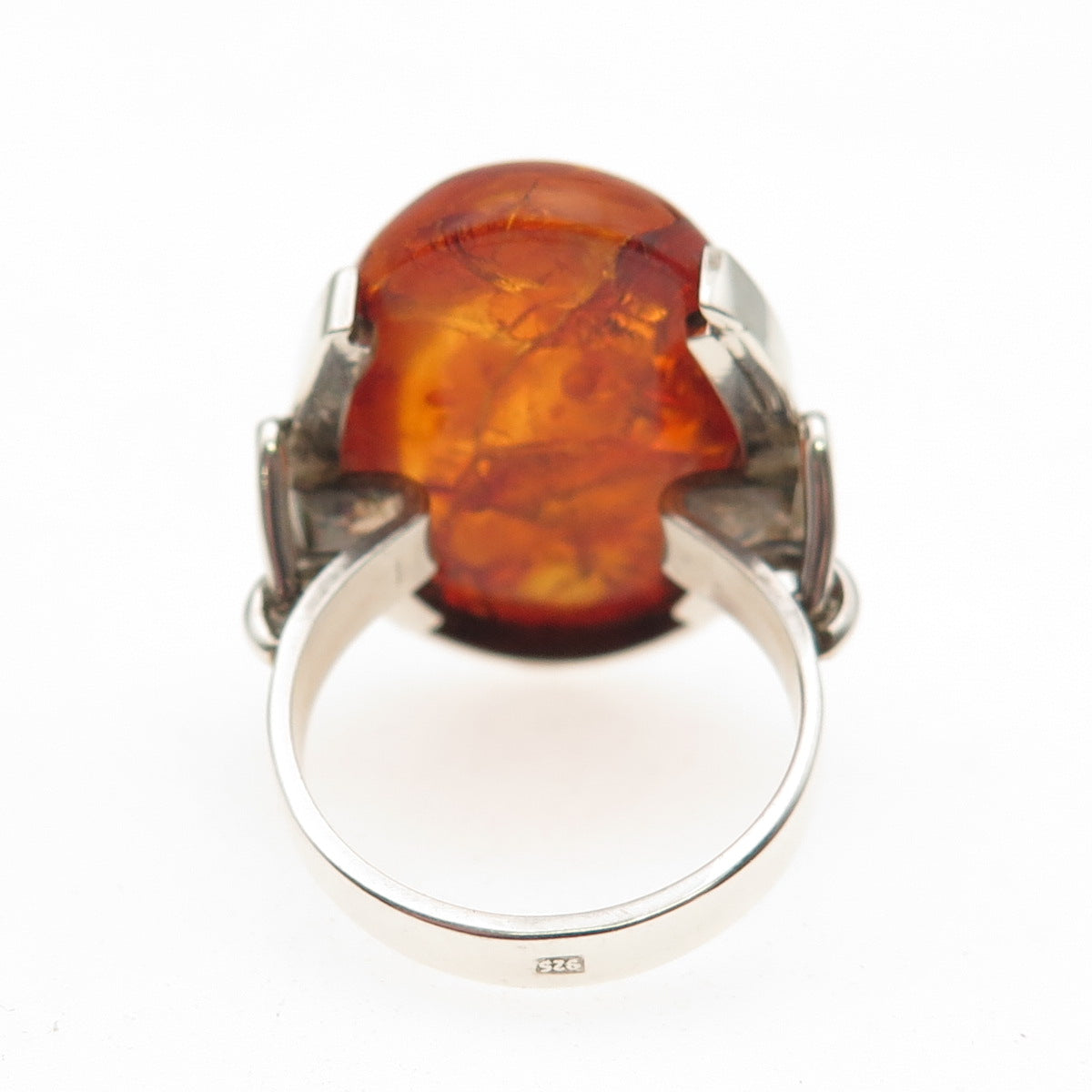 925 Sterling Silver Vintage Real Cabochon Amber Modernist Ring Size 8